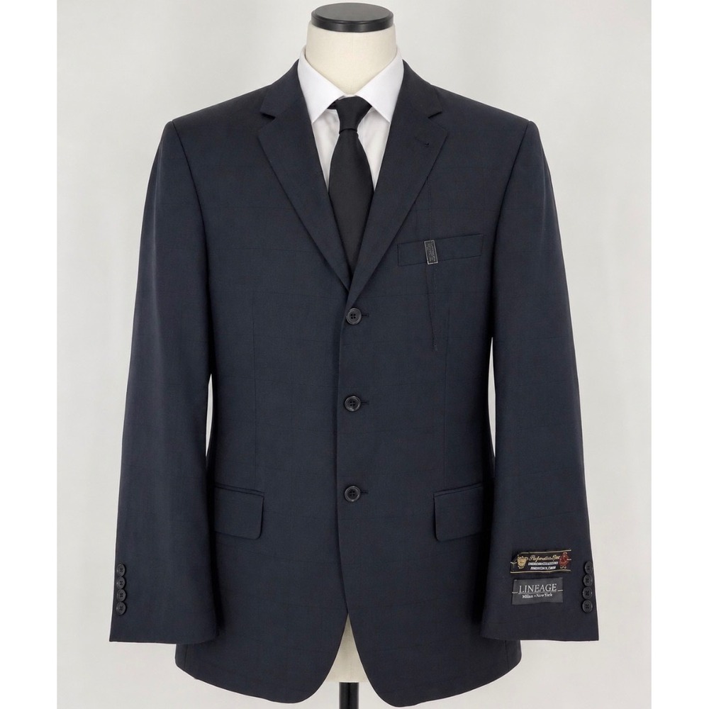 Lineage Suit Jacket Men 42R Black Windowpane 3-Button Blazer Office Wedding NWT